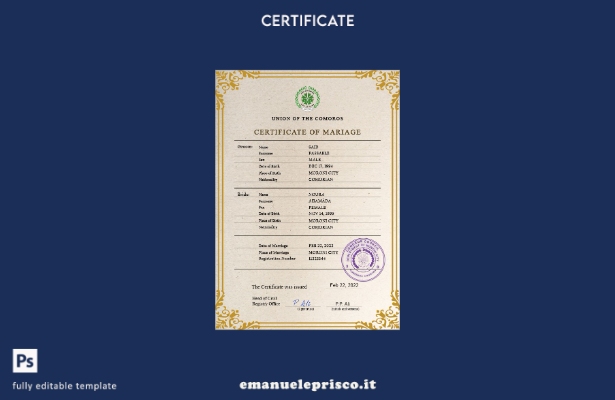 modello PSD di certificato di matrimonio delle Comore in stile verificato